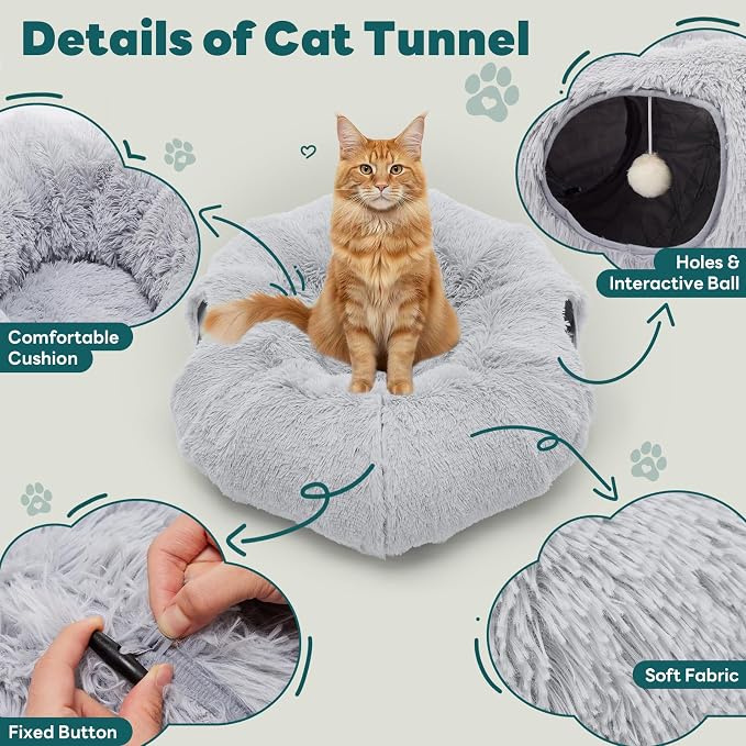 DUMOS Cat Tunnel Bed for Indoor Cats, Cave Donut Play Tunnel, Grey | Soft Plush Peekaboo, Washable Circle Cushion, Multifunctional Playground Under Tree Toys for Kittens, Puppy, Rabbit, Ferret