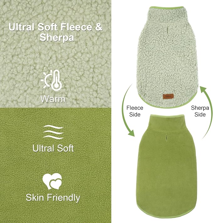 cyeollo Warm Dog Coat Fleece Sherpa Winter Sweater Coats, Turtleneck Dog Jacket Vest for Small Medium Large Dogs with Leash Hole, Soft Reversible Pet Coats for Cold Weather, Green, XL