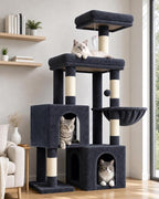 Globlazer 52in Cat Tree Tower for Indoor Cats, 2 Condos, S52, Dark Grey | Multi-Level Plush House, 5 Sisal Scratching Posts, 2 Padded Top Perches, Big Metal Basket, Stable Enlarged Base