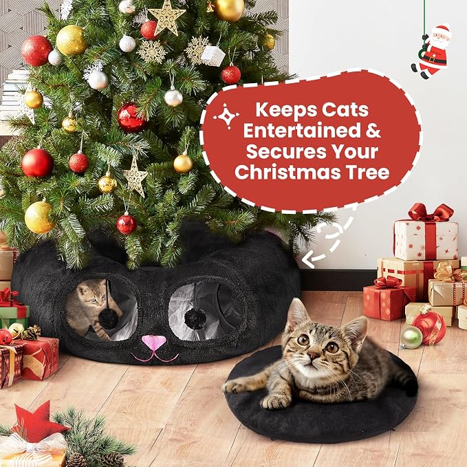 Baseola Fuzzy Cat Tunnel Bed for Indoor Cats, 2-in-1 Interactive Cat Toys | Peekaboo Cat Cave with Washable Mat, Collapsible Cat Play Tunnel for Kittens & Small Pets, Cat Donut Bed Tunnel, Black Pink