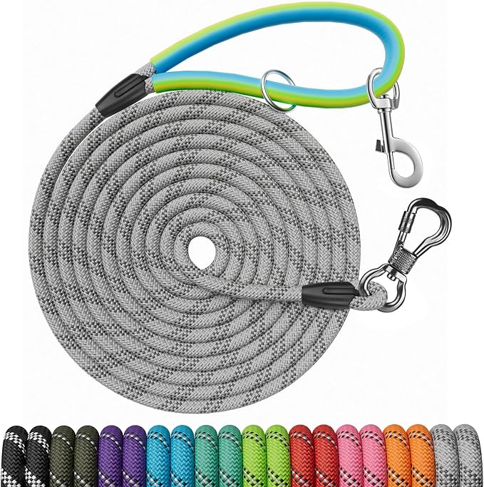 NTR Dog Training Leash, 10FT Check Cord Rope Lead, with 2 Swivel Hooks, Reflective Threads and Soft Rubber Handle, Puppy Leash for Walking, Hunting, Camping for Small Medium Large Dogs-Grey