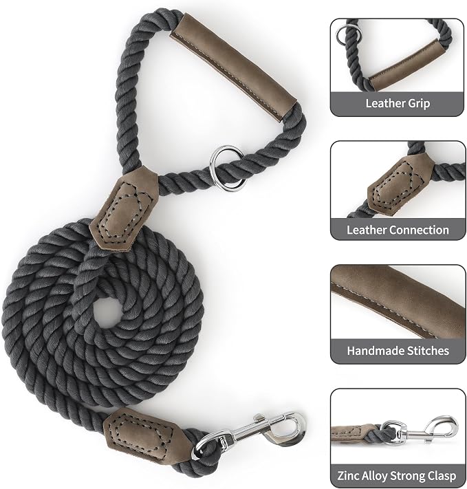 Mile High Life Dog Leash Braided Cotton Rope w/Leather-Wrapped Ends/Handle | Rust-proof 360° swivel clasp, Heavy-duty for medium/large dogs. Great for weddings, daily walks (6 FT, 1/2", Dark Gary)