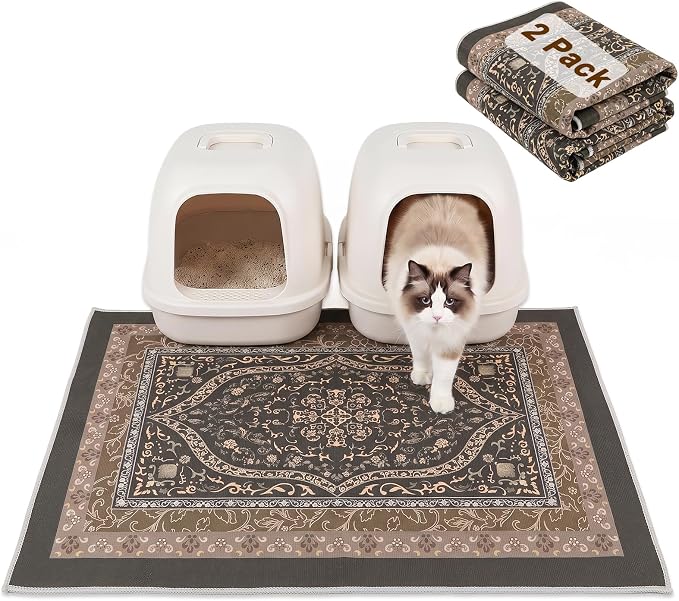 Bienbee Cat Litter Mat, 2PCS 33"x22" Machine Washable Litters Box Mats Non-Slip &Waterproof Cat Litters Trapping Mats Easy to Clean Mat for Litter Box Less Waste Protects Floors Bronze-Gold L