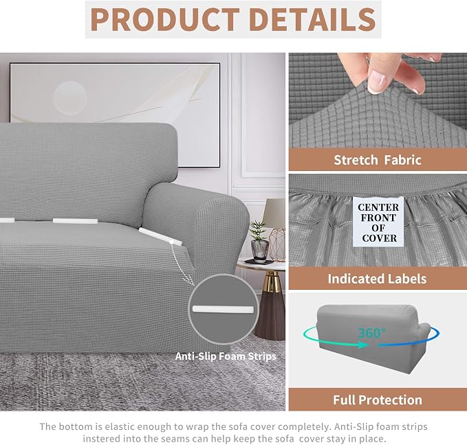 Easy-Going 100% Waterproof Couch Cover, 3 Cushion Oversized Sofa Cover | Leakproof Sofa Slipcover, Stretch Jacquard Furniture Protector Against Stain Spill from Kids, Pets, Dog, Light Gray