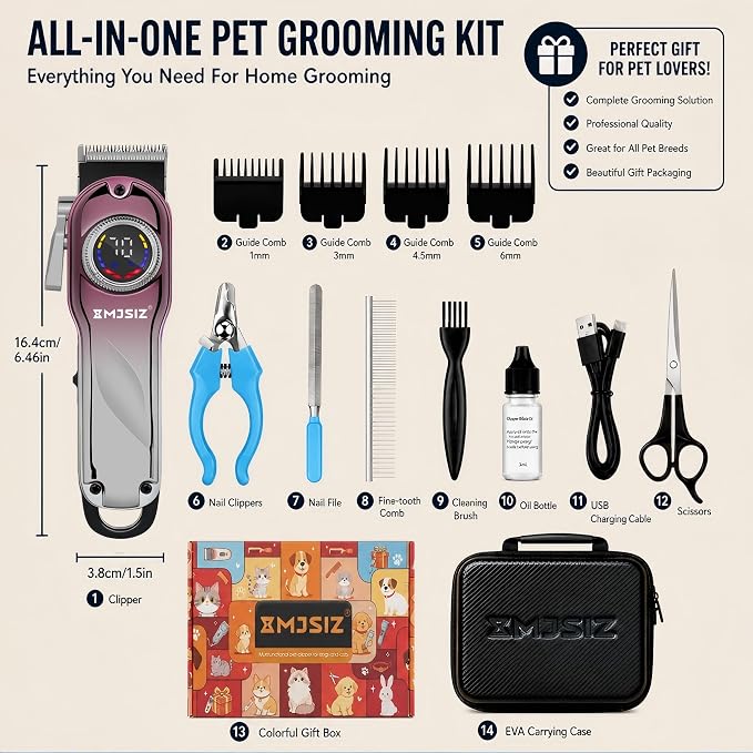Dog Clippers for Grooming Thick Hair, Pet Grooming Kit with Carry Case | LCD Display • USB-C Charging • 180-Min Runtime • Low Noise • Carrying Case • Metal Housing