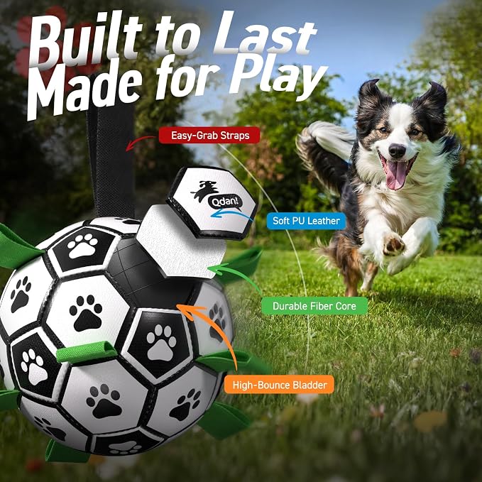 QDAN Dog Toys Dog Balls, 6 Inch Dog Soccer Ball with Straps, Herding Balls | Dog Birthday Toy, Balls for 20-40lbs Dogs, Outdoor Puppy Toys to Keep Them Busy, Interactive Toy for Tug, Pool Water Toy Ball