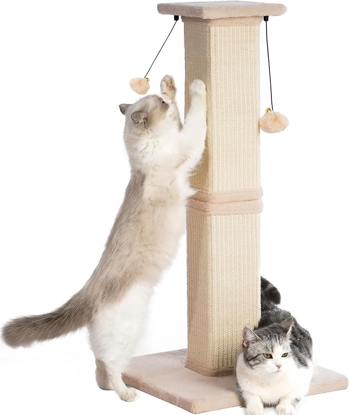 Tall Cat Scratching Post 33” Heavy Duty Sisal Scratcher Post | Modern Cat Scratching Post with Heavy Duty Base for Sturdy, Large 33" Vertical Sisal Rope Post & 2 Cat Toy Balls for Cats