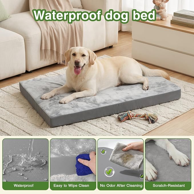 Waterproof Dog Beds Large Sized Dogs, Washable Orthopedic Pet Bed 36"x27" | Reversible Faux Leather & Flannel, Outdoor Dog Bed Foam, Durable Removable Cover, ,Anti-Slip Bottom,Gray