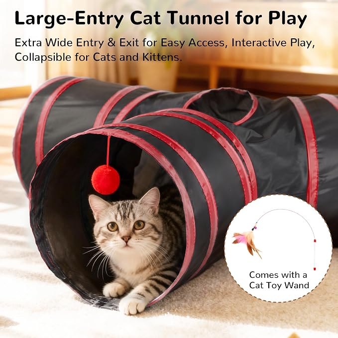 Tempcore Cat Tunnel for Indoor Cats, 3 Way Collapsible Pet Play Tunnel with Teaser Wand, Peek Holes & Hanging Ball, Interactive Tube for Kittens & Rabbits, Black & Red
