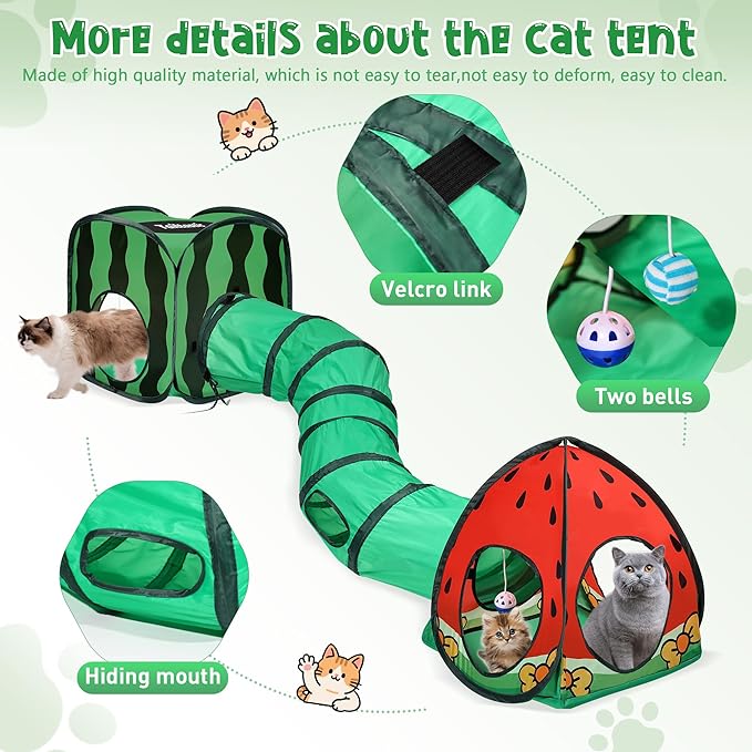 Tailtastic 3-in-1 Watermelon Cat Tunnel with Cube, Tent & Ball for Indoor | 3-way S-tunnel with hide & seek portals & balls, multi-cat cube,30-sec hook-and-loop assembly, foldable for easy storage