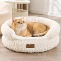 FUKUMARU Round Cat Bed, Plush Washable Calming Dog Bed with Low Entry | Raised Bolster Small Dog Bed, Soft Cozy Donut Cat Bed for Indoor Cats, Faux Rabbit Fur & Anti-Slip Bottom, 20 Inch, Cream