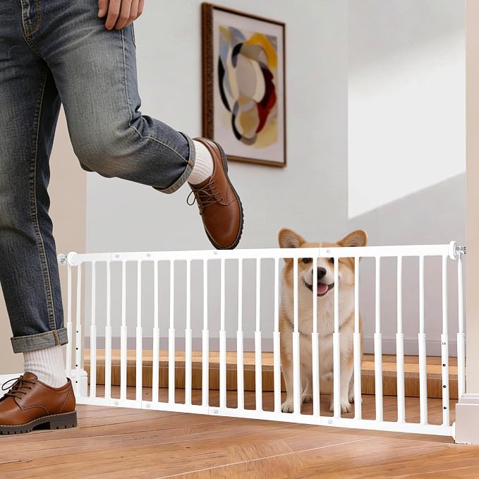 14''-19.5'' Height Adjustable Dog Gate, Extra Wide 18.1"-53" All Metal Short Dog Gate to Step Over, Pressure Mount Small Pet Puppy Gate for Stairs & Doorways(White)