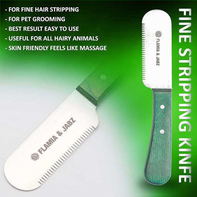 FLAMIA & JABZ FJ Professional Stripping Knife kit (6 pieces set) for Dogs & Pets, Wooden Handle Grip with Stainless Steel Blade (Right handed) (Green)