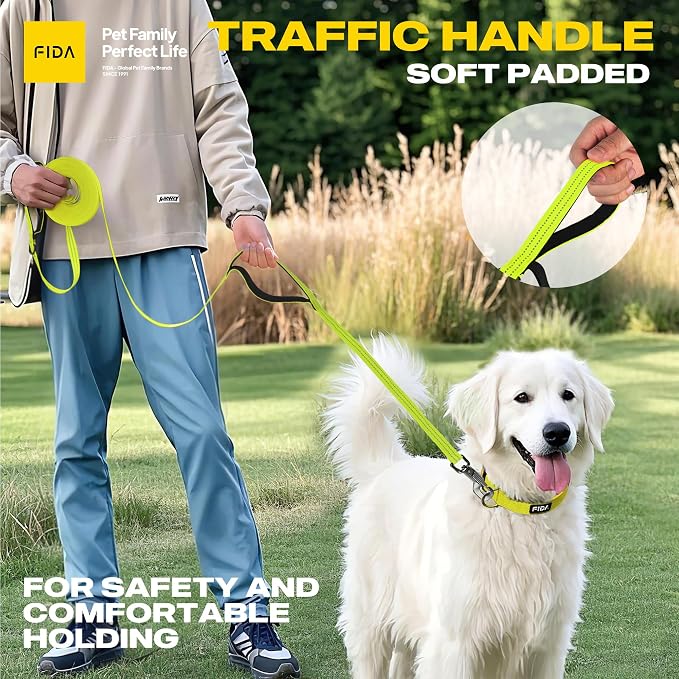 Fida Obedience Recall Training Agility Lead, 30FT Long Dog Leash, Yellow | 33FT & 50FT, Traffic Handle, Soft Padded, Reflective for Night Safety, Durable Nylon Dog leash for Small Medium Large Breeds