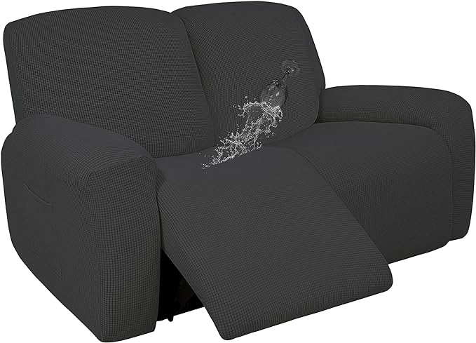 Easy-Going 100% Dual Waterproof Recliner Loveseat Cover, 6-Pieces Stretch Relining Sofa Cover with Pocket, Jacquard 2 Seat Sofa Slipcover Leakproof Washable (Loveseat, Dark Gray)