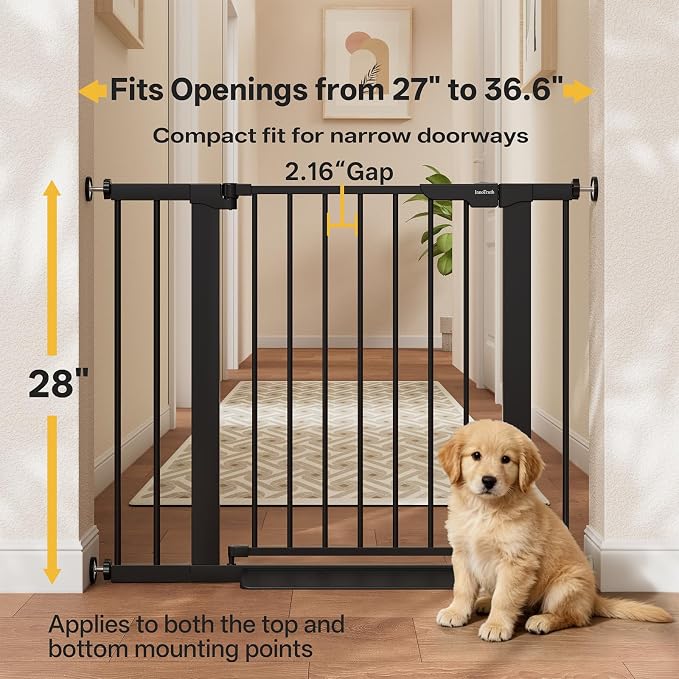 InnoTruth 27-36.6 in Wide Baby Gate for Stairs and Doorways, Black | Indoor Metal Dog Gate for Pets, Auto Close 2 Way Swing Walk Through Door, Double Lock & Y-Bolts, Pressure or Hardware Mount