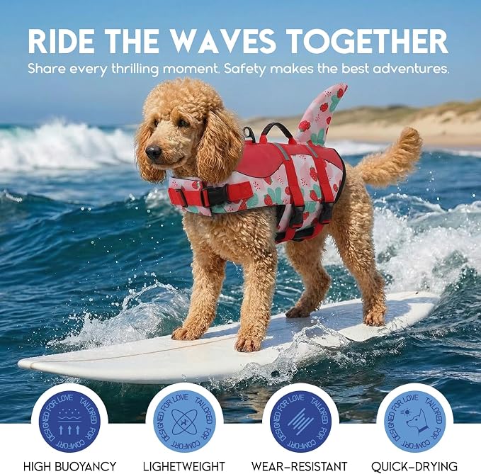 ASENKU Dog Life Jacket - Pet Safety Vest for Swimming & Boating, Shark Life Jacket with Floatation, Dog Lifesavers Swimsuits for Small Medium Large Dogs (Strawberry, M)