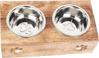 Wooden Dog Cat Pet Feeder Station Stand with 2 Stainless Steel Bowls | Raised Cat Bowl Dogs Bowl Elevated Cat Dog | Pet Dining Table for Cats and Puppy | 16 x 8.5 x 5 Inches
