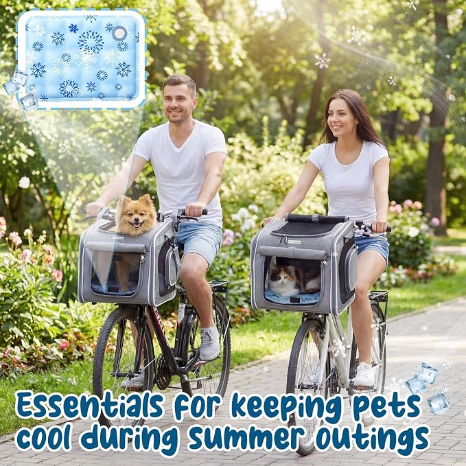 DaisyInner Dog Basket for Bike, Expandable Pet Carrier with Cooling Mat for Bicycle Handlebar, 2 Mesh Doors, Reflective Strips, Soft-Sided Travel Bag for Small & Medium Pet up to 8 kg(Gray)