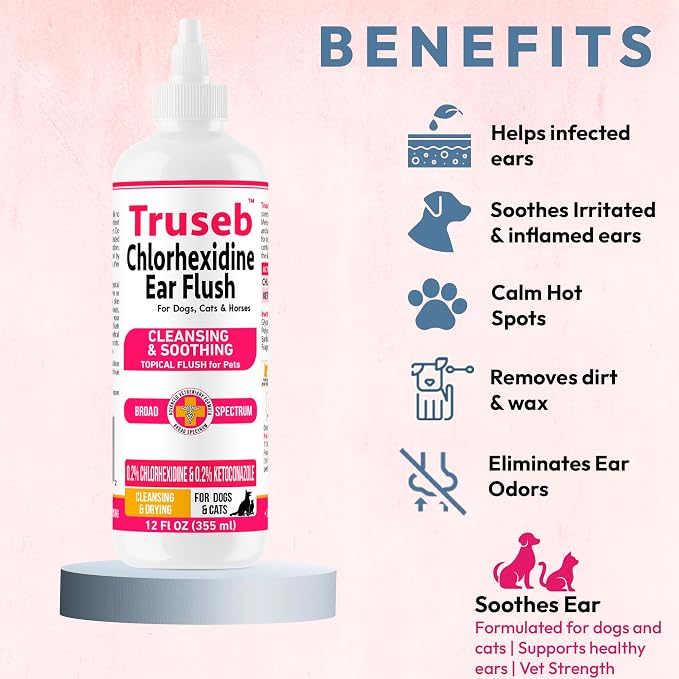 Truseb Advanced Topical Dog Ear Wash with Ketoconazole & Chlorhexidine Ear Flush Dog, Cats and Horses, with Aloe - 12 oz Made in U.S.A (Ketoconazole & Chlorhexidine Ear Flush, 12 oz)