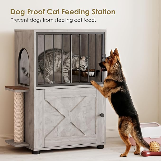 Dog Proof Cat Feeding Station, Dog Proof Cat Feeder, Cat Food Table | Cat Feeding Station with Scratching Post, Elevated Cat Food Bowls with Stand, Pet Food Storage Cabinet, Cat House, Gray
