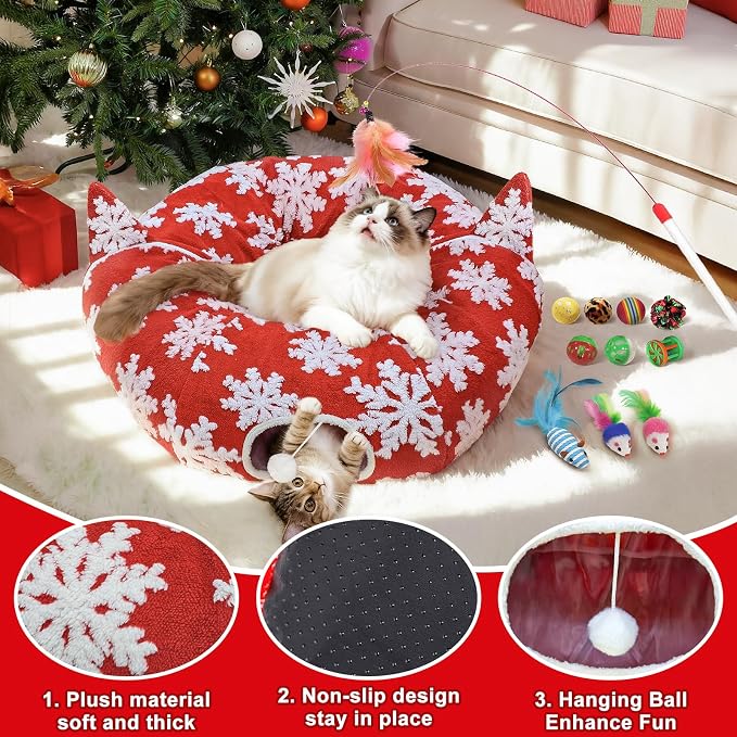 OurWarm Cat Tunnel Christmas Tree Skirt, Red Snowflake Cat Donut Tunnel Under Christmas Tree with Washable Mat & 11Pcs Cat Toys Interactive, Soft Plush Peekaboo Cave Bed for Indoor Cats Small Animals