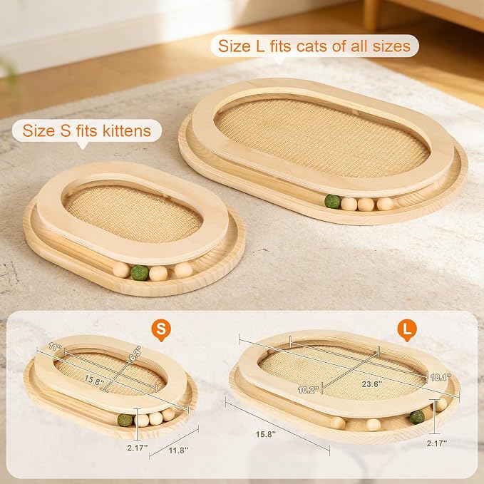 Cat Scratcher, Sisal Scratch Pad with Interactive Ball Track | No Assembly, Natural Sisal, Solid Base, Track with 3 Wooden Balls + 1 Catnip Ball, No Slip Pads, for Cat Exercise Sleep Chase