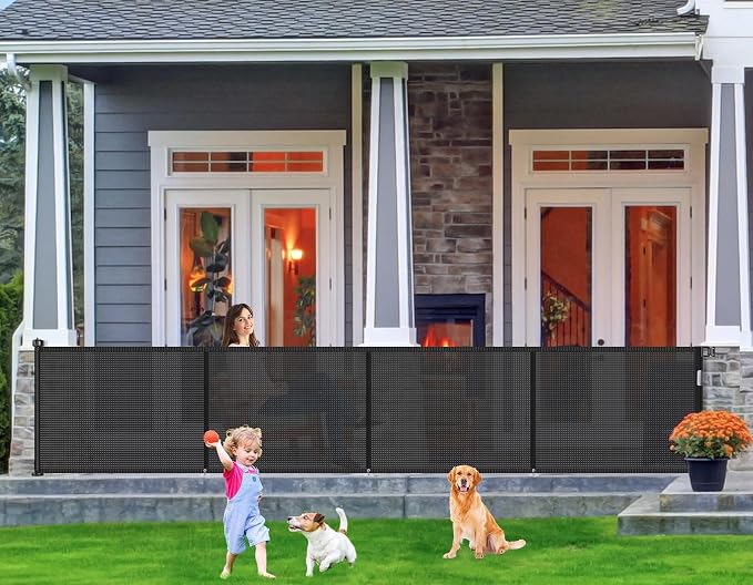 EZIGO 180 Inch Retractable Baby Gates, 41 Inch Extra Tall Retractable Gate | Reinforced Retractable Dog Gate with Rods, 15 FT Extra Long Mesh Pet Gate for Stairs Hallways Doorway Indoor Outdoor, Black