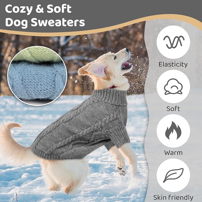 Queenmore Small Dog Pullover Sweater, Cold Weather Cable Knitwear, Classic Turtleneck Thick Warm Clothes for Chihuahua, Bulldog, Dachshund, Pug (Slate Grey, X-Small)