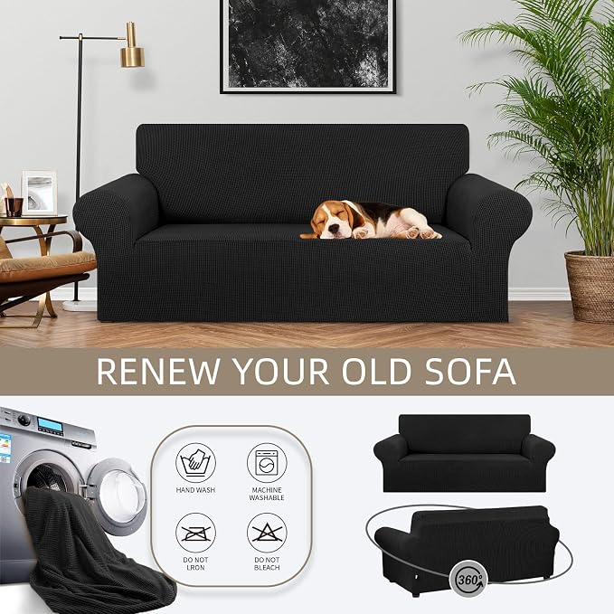 Stretch Loveseat Couch Cover, 2 Cushion Couch Slipcover,Black | 1-Piece Washable Sofa Cover Pet Friendly (55"-78") Furniture Protector Soft Jacquard, Elastic Bottom for Dogs & Kids