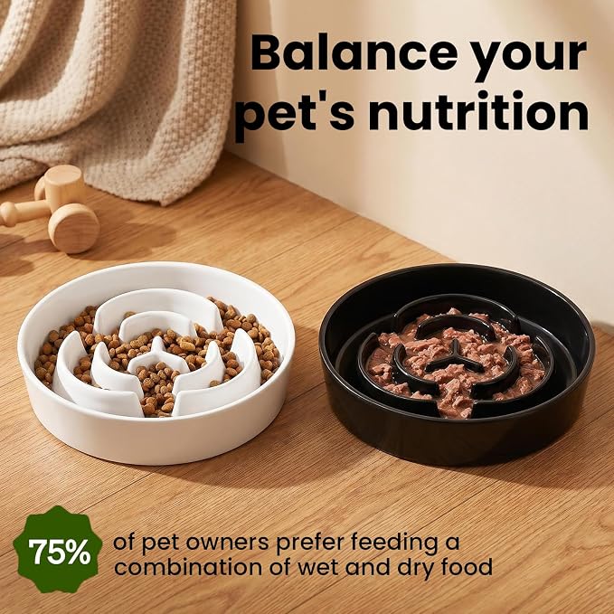 Ceramic Slow Feeder Dog Bowls 0.6 Cups for Small Fast Eaters,White | Reduces Bloating,6.02x1.38 Inch Dish For Daily Dog Meals, Maze Puzzle Slows Down Eating, Anti-Choking,9.0oz Water