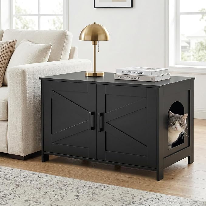Homhedy 31.5" L Cat Litter Box Enclosure with Barn Door, Black | Wooden Cat Washroom Furniture, Cat House, Pet Storage Cabinet, Dog-Proof, Fit Most of Litter Box, Farmhouse Style