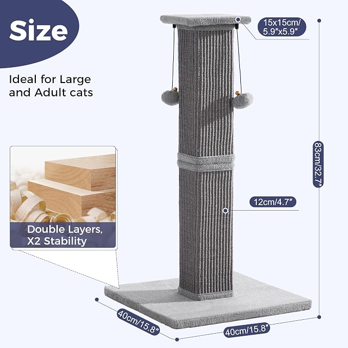 Tall Cat Scratching Post 33” Heavy Duty Sisal Scratcher Post | Modern Cat Scratching Post with Heavy Duty Base for Sturdy, Large 33" Vertical Sisal Rope Post & 2 Cat Toy Balls for Cat-Gray