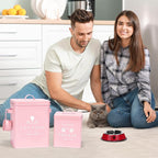 Meraki Home Farmhouse Cat Food and Treats Containers + Feed Scoop + Pet Food Bowl - Tight Lids - Large Metal Storage Bin - Great Gift for Cute Pets (Matte Pink)