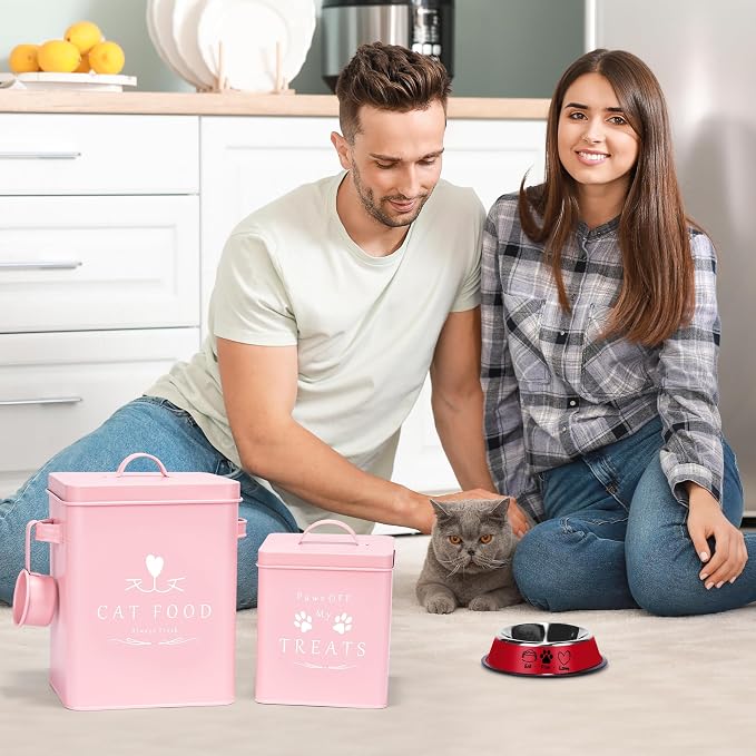 Meraki Home Farmhouse Cat Food and Treats Containers + Feed Scoop + Pet Food Bowl - Tight Lids - Large Metal Storage Bin - Great Gift for Cute Pets (Matte Pink)