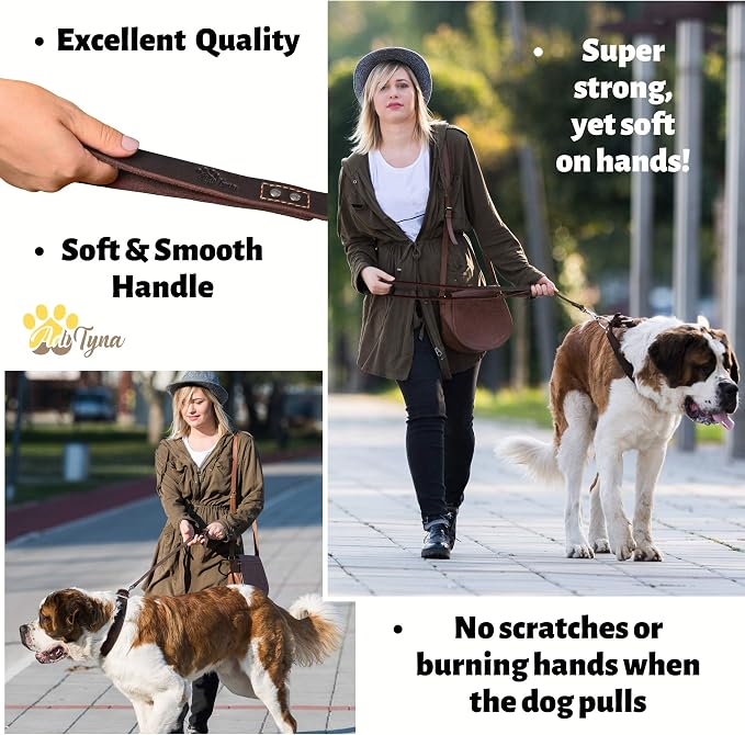 ADITYNA Leather Dog Leash for Large & Extra-Large Dogs, 6ft x 1" | Soft yet strong leather leash for walking, training, hiking — great for Great Dane, Rottweiler, Cane Corso, Mastiff.