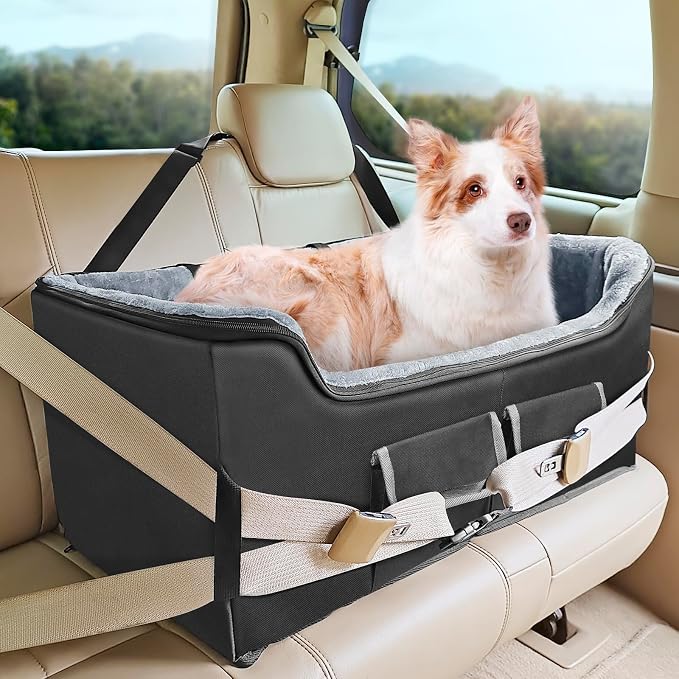 INFANZIA Dog Car Booster Seat for Large Medium Dogs Under 55 lbs | Elevated Pet Car Seats for Pets with Removable Washable Cover, Lookout Puppy Travel Seat with Storage Pockets