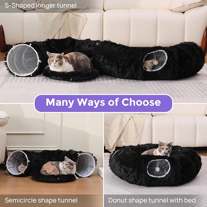 Plush Cat Tunnel Bed for Indoor Cats with Soft Cushion, Multi-Shape Play Cave with Hanging Balls, Large and Foldable Cat Donut Tunnel for Small and Large Pets (Black)