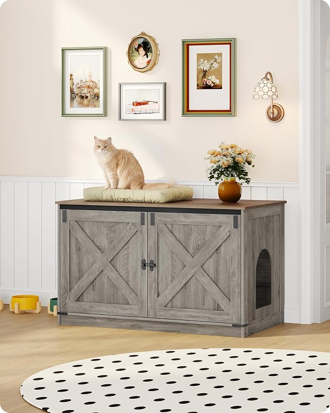Hzuaneri Cat Litter Box Enclosure, Hidden Litter Box Furniture with Divider | Wooden Cat Cabinet with Removable Dividers, Reversible Entrance Left or Right Side, Cat Washroom, Greige CB84705X