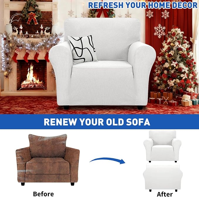 MAXIJIN Stretch Chair Cover Chair Slipcovers with Arms, 1-Piece Couch Sofa Chair Covers for Living Room, Non Slip Armchair Cover (31"-46") Furniture Protector Dogs Pet Friendly (Chair, White)