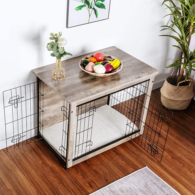 DWANTON Dog Crate Furniture with Cushion, Wooden Kennel Table with Double Doors, Indoor Dog House, Medium Size, 32.5" L, Greige