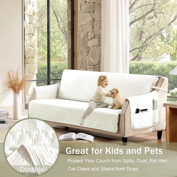 White Loveseat Covers for 2 Cushion Couch, Water-Repellent Quilted Covers for Sofa, Machine Washable Love Seat Couch Covers, Pet Friendly Loveseat Slipcovers (Loveseat 48", White)