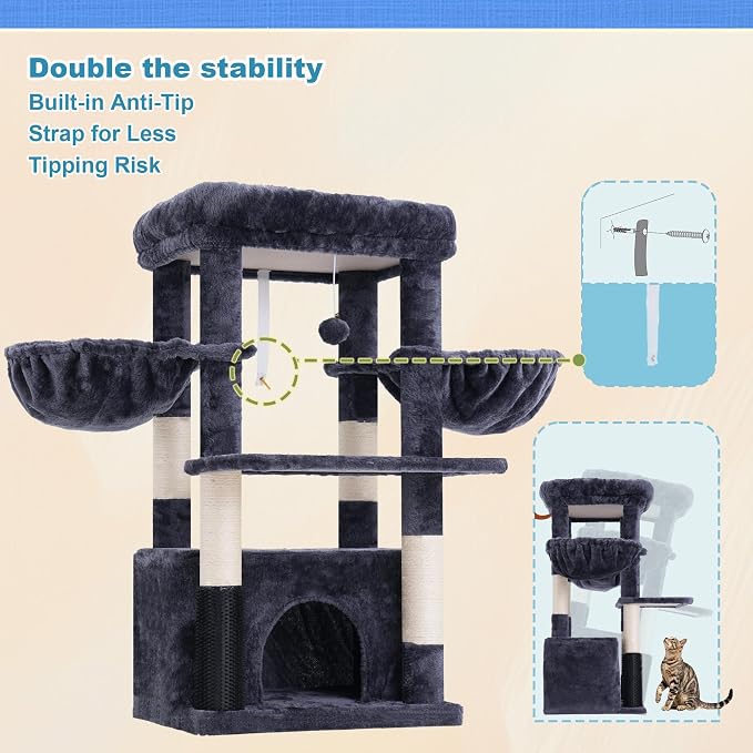 Hey-brother Cat Tree Tower with Large Platform, Spacious Condo, MPJ060G | 35.4 Inches, 2 Cozy Hammocks, Self-Grooming Brush, Sisal Scratching Posts for Big Indoor Adult, Maine Coon, Smoky Gray