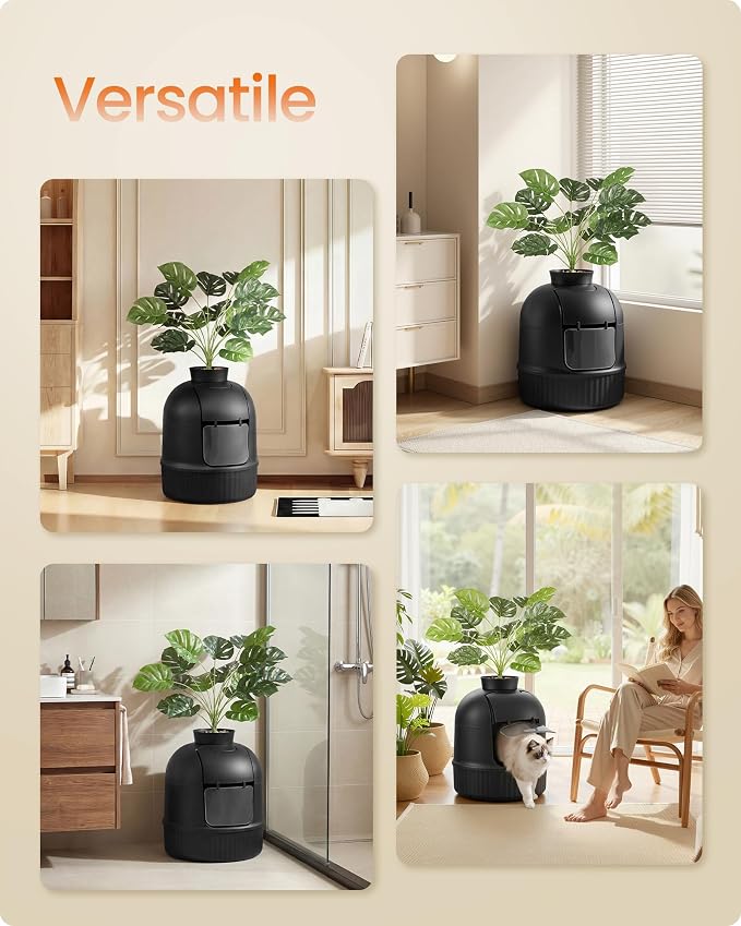 Feandrea Plant Cat Litter Box Enclosure with Artificial Plant, Enclosed Hidden Litter Box Furniture with Door, Carbon Filter, Odor Control, Pebbles, Scoop, Brush, Ink Black UPPT006B101