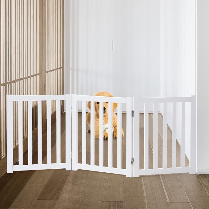 LZRS Wooden Free Standing Foldable Dog Gate Indoor – 60" W x 24" H,Step-Over Safety Pet Gate for Doorways, Stairs, Hallways, Indoor Dog Barrier for Small to Medium Dogs & Puppies, White