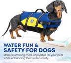Dog Life Jacket — Premium Swim Vest with SafeChin Anti-Choke Collar | PAWS Aboard Blue & Yellow | RapidLift Rescue Handle, D-Ring, Reflective Trim | Boating, Kayaking, Pool | Medium (25–50 lbs)