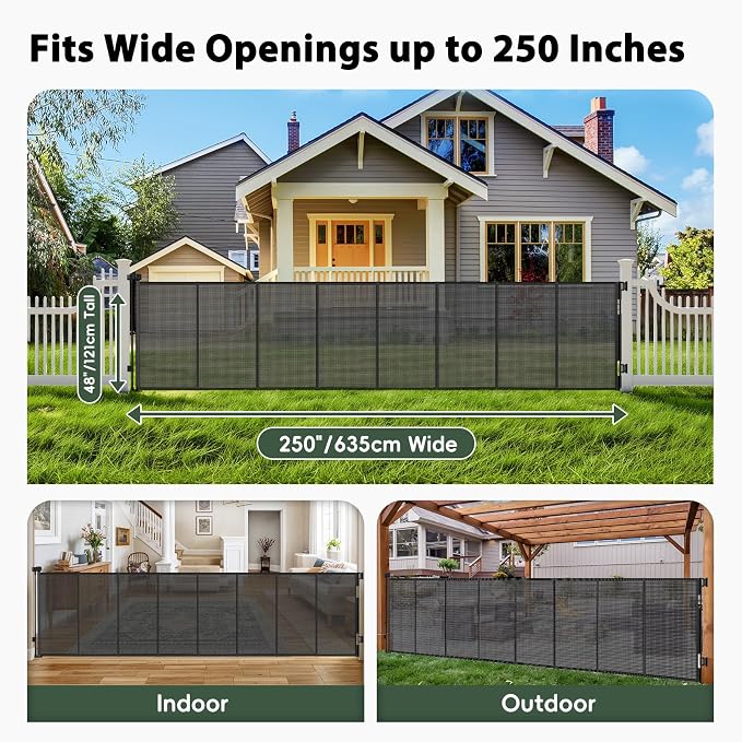 250" Extra Wide Baby Gate Retractable Dog Gate for Deck/Garage/Patio/Yard | 21ft Extra Long Baby Gate Retractable Gates for Dogs, 48" Extra Tall Pet Gate Retractable Fence Outdoor Driveway Gate, Black
