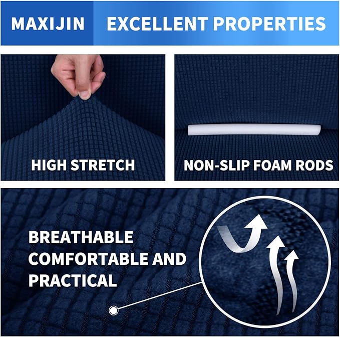 MAXIJIN Super Stretch Couch Cover for 3 Cushion Couch, 1-Piece Universal Sofa Covers Living Room Jacquard Spandex Furniture Protector Dogs Pet Friendly Fitted (Large, Navy Blue)