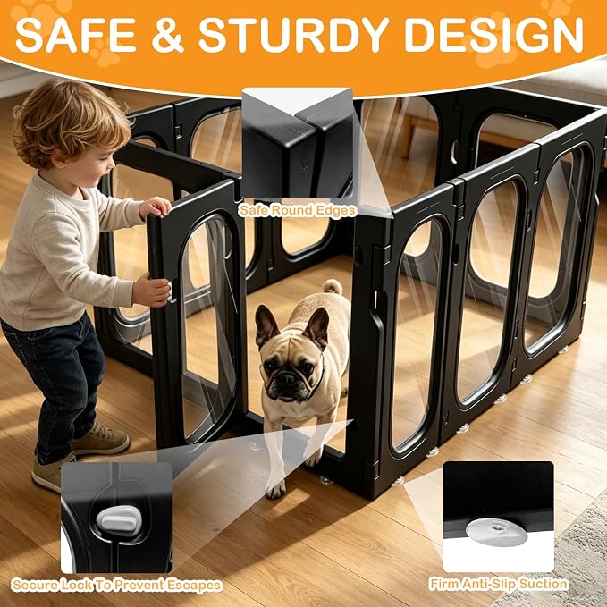 Acrylic Dog Playpen, 8-Panel Clear Transparent Puppy Playpen for Small Dogs Indoor Outdoor, Easy Assembly Foldable Pet Exercise Pen with Locking Door (Black, 25.6 INCH, 10 Panels)