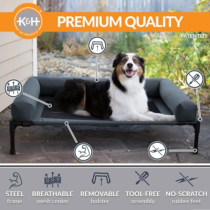 K&H Outdoor Elevated Dog Bed, Bolster Pet Cot, Large 42x30in, Charcoal | Pet Cot for Large Pets, Washable Mesh Center Hammock with Removable Washable Bolsters, Indoor / Outdoor Dog Bed, Metal Frame